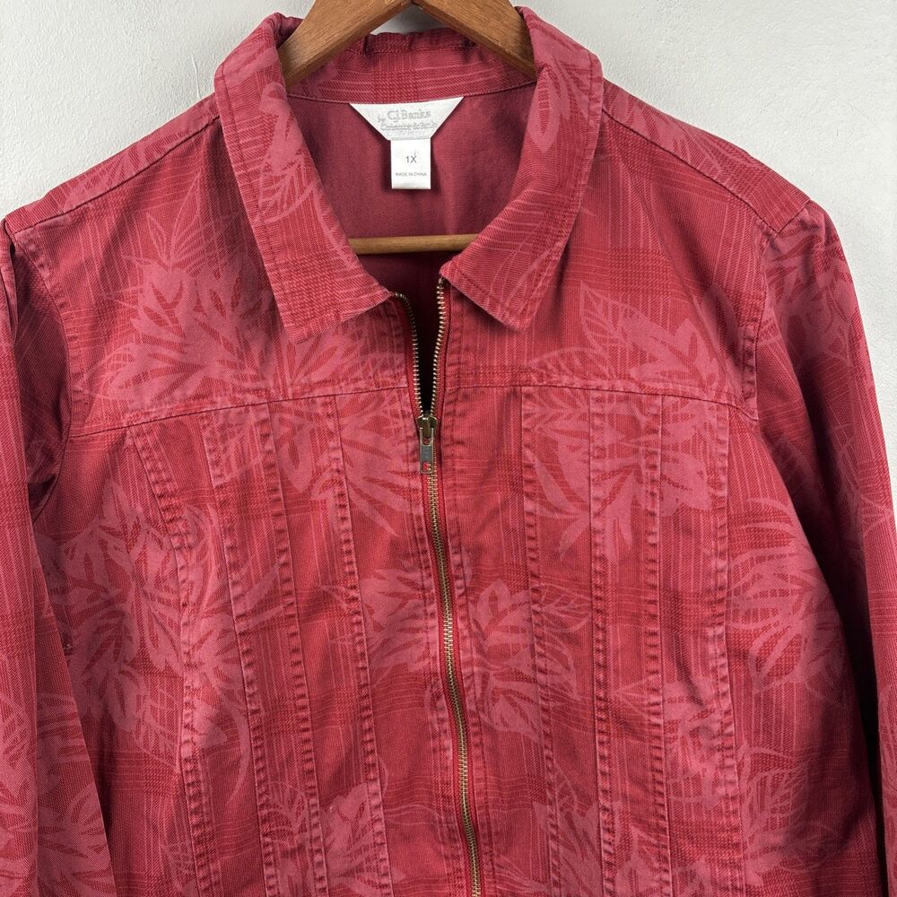 CJ Banks Women 1X Zip Up Jacket Red Floral Damask Flocked Grandmacore AOL